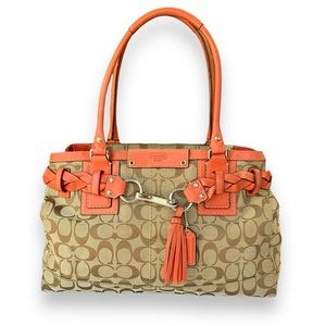 Coach Hampton Signature Satchel Carryall Bag | Coral, Tan, and Brown